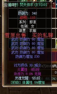 热血江湖网通一区雪原出售：X110女剑衣服 WF80 10855